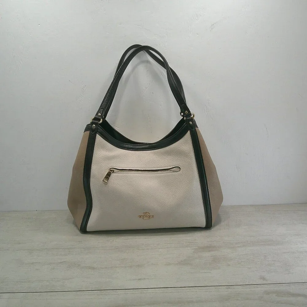 Coach Kristy Tan Cream Black Colorblock Old Money Leather Shoulder Bag Purse